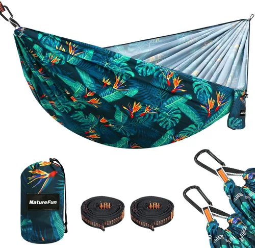Miniatura 25 de NATUREFUN Hamaca ultraligera para viajes y camping Capacidad de carga de 300 kg, transpirable, de secado rápido Incluye 2 mosquetones premium, 2