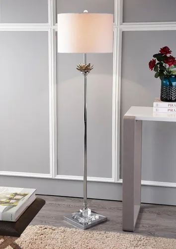Miniatura 4 de JONATHAN Y Lámpara de pie LED cromada y cristal gris ahumado de 59 pulgadas, lámpara de pie contemporánea con pantalla de tambor de lino blanco