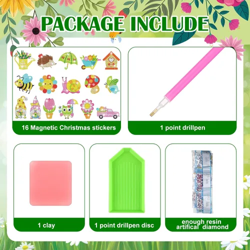 Miniatura 4 de Umigy 16 piezas de arte de diamantes de primavera para refrigerador, kits de pintura de diamantes de abeja de primavera, mariposa, gnomo, arte