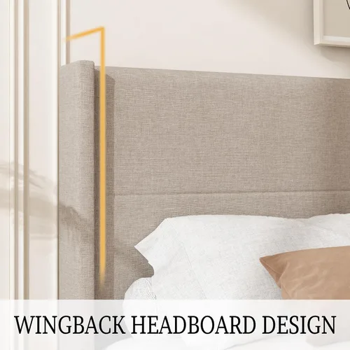 Miniatura 3 de Base de cama de tamaño matrimonial, plataforma tapizada de lino con cabecera con respaldo de ala, soporte de listones de madera, no necesita somier