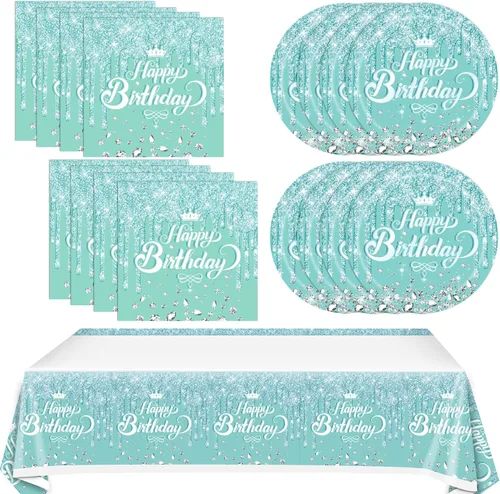 Juego de vajilla de 41 piezas en color teja y plateado para decoración de mesa de feliz cumpleaños, tema de cumpleaños azul, platos de postre, Verde