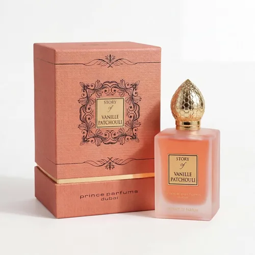 Prince Parfums Dubai - Story of Vanille Pachuli para mujer - 3.4 onzas - Extrait de Parfum - Atractiva fusión floral de vainilla, pachulí y haba