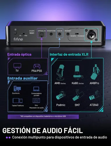 Miniatura 4 de Fifine Mezclador de juegos para chat de voz y transmisión, amplificador de auriculares de sonido envolvente de 7.1 canales, preamplificador XLR
