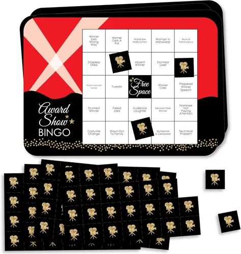 Big Dot of Happiness Red Carpet - Juego de 18 tarjetas y marcadores de bingo para espectáculos de premios - Juego de bingo para fiesta nocturna de