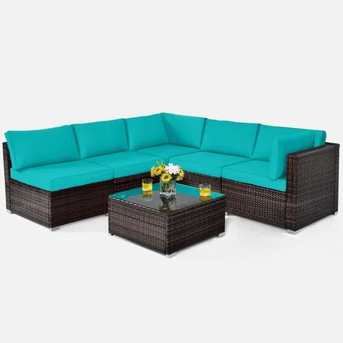 Miniatura 12 de Tangkula Juego de muebles de patio de 6 piezas, juego de conversación de mimbre para exteriores con mesa de café de cristal, juego de sofá de mimbre