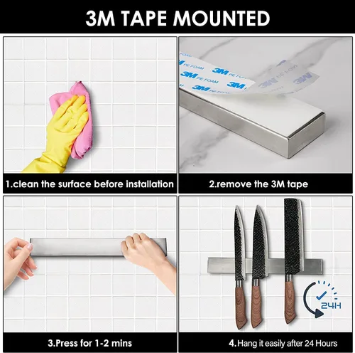 Miniatura 4 de Soporte magnético para cuchillos de 8 pulgadas para pared sin taladro - Tira magnética de acero inoxidable mejorada con tipo 3M, barra de tira