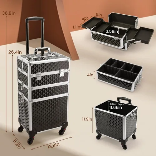 Miniatura 5 de FRENESSA - Estuche de maquillaje rodante 3 en 1, carrito cosmético profesional con gran almacenamiento para esteticistas, estilista de cabello
