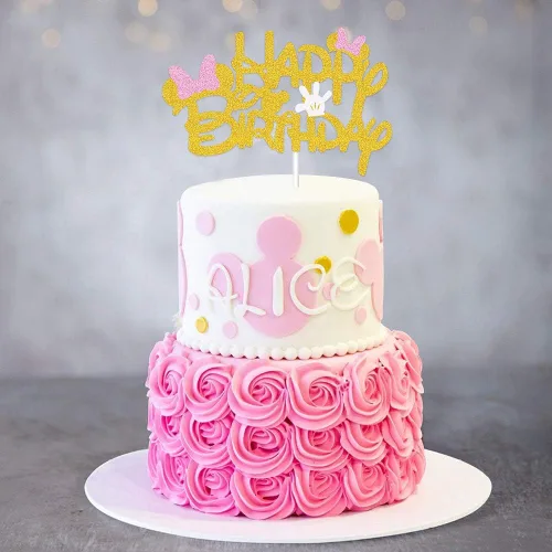 Miniatura 5 de Decoración de pastel de cumpleaños inspirada en Minnie con purpurina rosa y dorada con lazos rosas y guantes blancos para fiesta de cumpleaños
