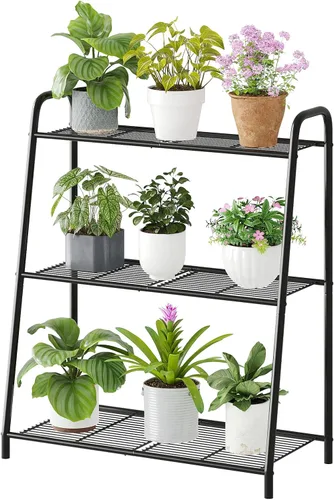 Soporte esquinero de 3 niveles, estante de metal negro para macetas, estante resistente para interiores y exteriores (negro, 3 niveles)