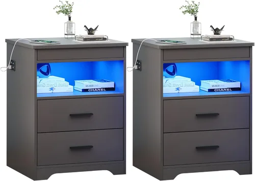 Miniatura 13 de Mesita de noche con cajón para armas, mesa de noche con carga y puerto USB y tipo C, mesita de noche LED con luz sensora humana, mesa auxiliar