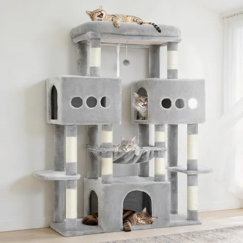 Miniatura 8 de Hey-brother Torre de árbol para gatos, postes rascadores de sisal grande con plataforma grande, 3 amplios condominios, hamaca de felpa, juguete