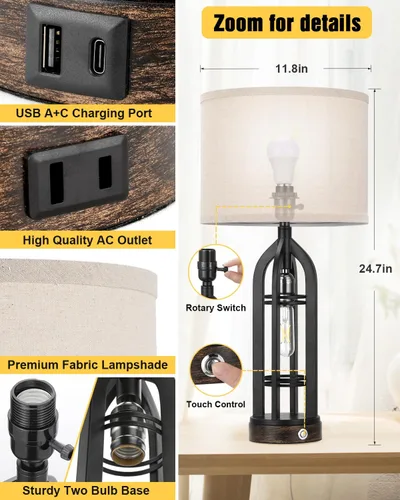 Miniatura 5 de Seealle Juego de 2 Lámparas de Mesa para Sala de Estar - Lámpara de Noche de Aspecto de Madera para Dormitorio con USB C+A y Enchufe, Lámparas
