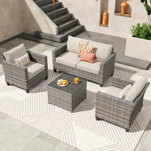 ovios Juego de muebles de patio de 4 piezas, sofá de mimbre para exteriores con respaldo alto, mesa de centro de cristal para patio, porche, jardín