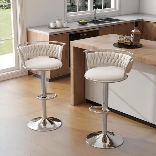 Miniatura 35 de Juego de 2 taburetes de bar giratorios de 360°, silla de bar de terciopelo ajustable a altura de mostrador moderna, taburete de metal plateado