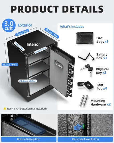 Miniatura 6 de Caja de seguridad DAYI, cajas de seguridad para el hogar de 3.0 pies cúbicos con bolsa impermeable ignífuga, caja de seguridad para dinero
