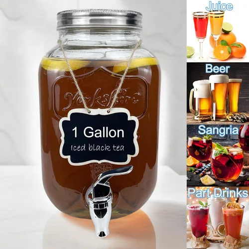 Miniatura 5 de Despachador de bebidas de vidrio de 1 galón para fiestas, paquete de 2, dispensador de jugo, limonada, té helado y agua con soporte, dispensadores