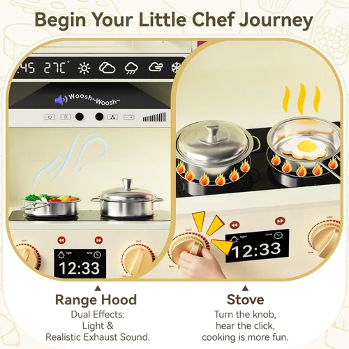Miniatura 3 de Juego de cocina para niños pequeños con cajas de almacenamiento de fieltro y gancho de rango, juego de cocina de madera para niños con horno
