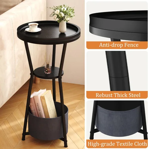 Miniatura 5 de Yusong Mesa auxiliar redonda, mesa pequeña para bebidas para espacios pequeños, mesa auxiliar industrial de 3 niveles, mesita de noche decorativa