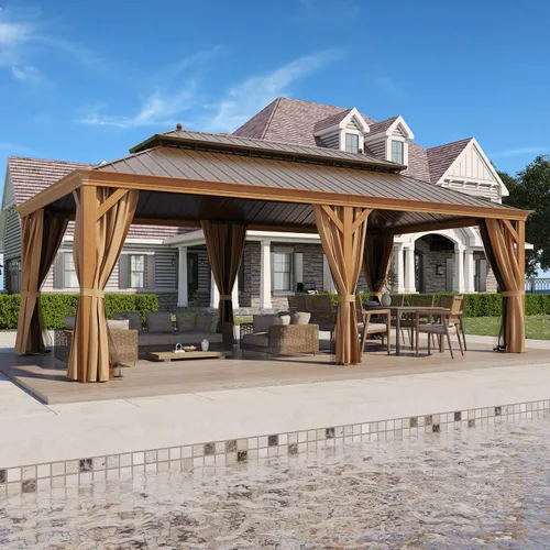 Miniatura 13 de Cenador de techo rígido de 12'x16', Cenador de patio de aluminio para exteriores con toldo de acero galvanizado de doble techo con malla y cortinas