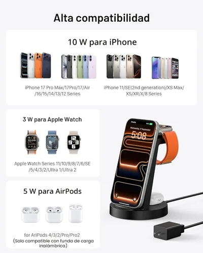 Miniatura 4 de Estación de carga 3 en 1 para iPhone, cargador inalámbrico para iPhone 17 16e 16 15 14 13 12 11 X Pro Max y Apple Watch - Estación de carga