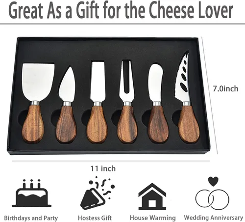 Miniatura 7 de Juego de cuchillos de queso, colección de cuchillos de queso de acero inoxidable de 6 piezas con cortador de queso, tenedor de queso, cuchillo