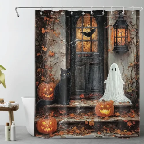 Miniatura 12 de HVEST Cortina de ducha con ganchos, calabaza espeluznante y fantasma con sombrero de bruja negro, juego de cortina de ducha naranja con flores