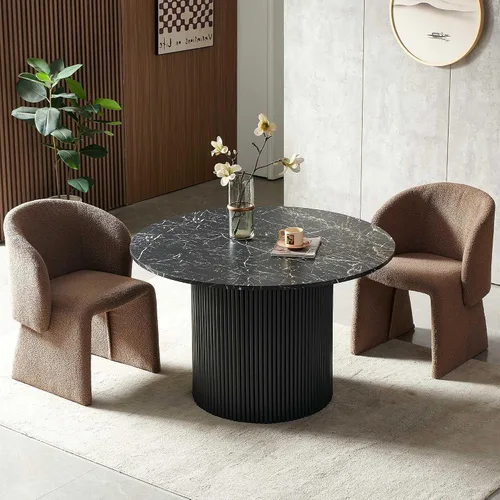 Miniatura 19 de Homedot Juego de mesa de comedor de 3 piezas para 2, mesa de cocina redonda de 47" y sillas de comedor tipo barril tapizadas en marrón, juego