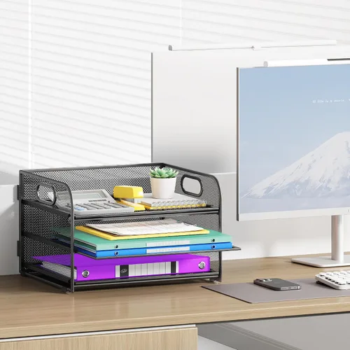 Miniatura 2 de Cawukege Organizador de papel de 3 niveles con asa, organizador de escritorio de metal, bandeja de cartas de papel de malla, carpeta de archivos