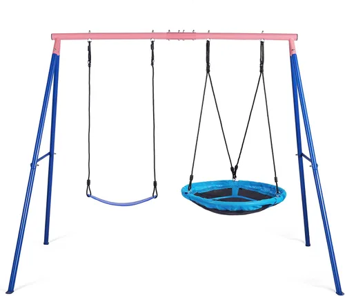 Lunafun Columpios para exteriores para niños, 440 libras, soporte de columpio de metal resistente con marco en A, 1 platillo y 1 asiento de columpio
