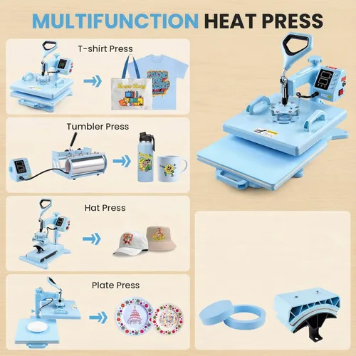 Miniatura 3 de Prensa de calor mejorada de 15 x 15 pulgadas, máquina de prensa de calor 5 en 1 con prensa para vasos, tazas y sombreros, prensa digital de camisas