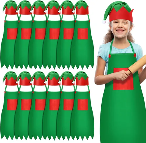 Handepo - Conjunto de delantal y gorro de elfo navideño para niños, sombreros de Papá Noel para niños, suministros de fiesta navideña para niños y