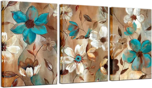 Biuteawal - Pintura abstracta de flores sobre lienzo, arte de pared, diseño floral azul y blanco, ilustraciones decorativas contemporáneas