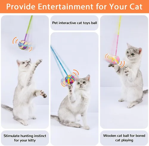 Miniatura 7 de Retro Shaw Pelotas de juguete para gatos, 6 bolas de hilo de lana para gatos con campanas en el interior, juguetes interactivos para gatos