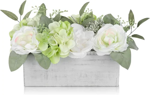 Miniatura 9 de DILATATA Arreglo floral con jarrón de madera, flores artificiales de 10 pulgadas en maceta, flores falsas en jarrón rectangular de madera blanco