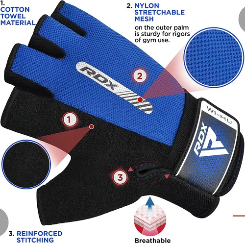 Miniatura 4 de RDX Guantes de levantamiento de pesas para gimnasio, entrenamiento de fitness, protección completa acolchada antideslizante, ultra ventilados, Azul