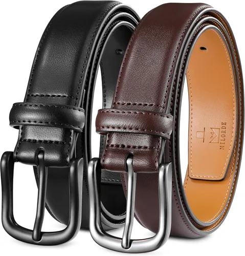 Miniatura 9 de MILORDE Cinturón de vestir de cuero para hombre, 2 unidades, hecho a mano, cuero genuino, diseños clásicos y modernos para el trabajo, negocios