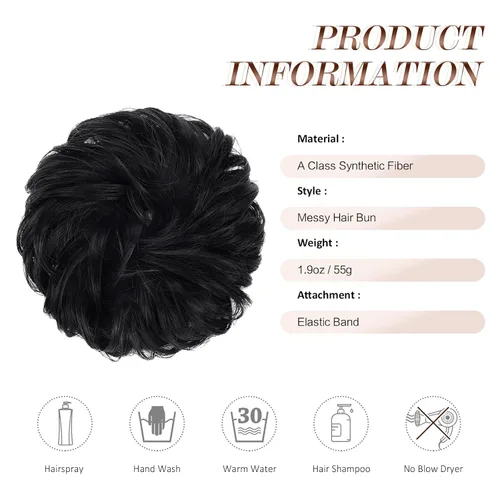 Miniatura 5 de FESHFEN Pieza de Cabello Grande de Moño Desordenado de Fibra Sintética Negro Azabache, 1.94 oz