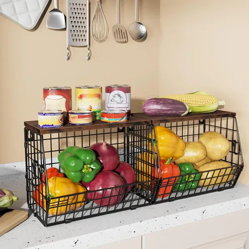 Miniatura 7 de Mefirt Frutero, cesta de frutas apilable montada en la pared con tapa de madera lisa con 4 ganchos para colgar plátanos, organizador de encimera
