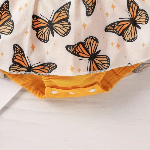 Miniatura 4 de Mameluco con estampado de manga mosca de encaje para niñas recién nacidas, conjunto de diadema para baile 2t (amarillo, 0-3 meses)