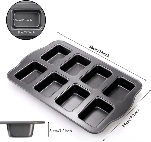 Miniatura 2 de Lawei Paquete de 2 mini moldes para pan de 8 cavidades, moldes pequeños antiadherentes para pan, moldes rectangulares de acero al carbono para pan