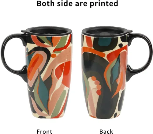 Miniatura 9 de DUSVALLY Taza de viaje de cerámica de 17 onzas con tapa, taza de café con leche de porcelana, taza de café grande con asa para oficina en casa