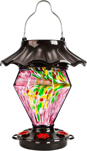 LUJII Alimentador solar para colibríes que cambia de color para colgar en exteriores, depósito de vidrio soplado a mano, 35 onzas líquidas, nunca