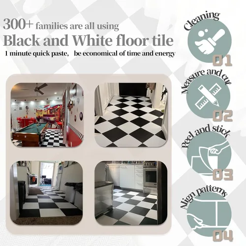 Miniatura 3 de Alow Azulejos autoadhesivos para despegar y pegar, 20 piezas en blanco y negro, suelo de vinilo impermeable, suelo de vinilo fácil de colocar