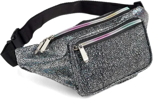 C.T.Soarsky - Riñonera holográfica arcoíris negra, grava, oro, rosa, diseño de tiburón para mujeres, niñas, festival, fiesta rave, viaje, Negro