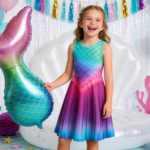 Miniatura 3 de Funnycokid Vestido de Sirena para Niñas, Sin Mangas, de Verano, para Cumpleaños, de Fiesta con Volantes, Ropa de 4 a 13 Años