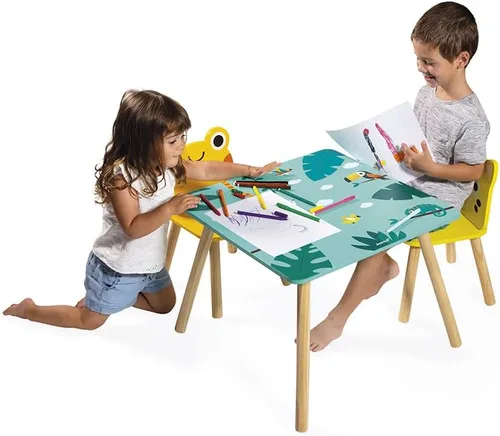 Miniatura 6 de Janod - Mesa Tropik de Madera y 2 Sillas - Mueble Infantil - Mesa: 21,65 x 21,65" - 1 Silla Jaguar y Rana - Pinturas a Base de Agua - 3 Años + J08273