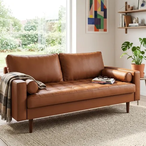 Miniatura 12 de Container Furniture Direct Womble Mid Century Modern Couch with Bolster Pillows, PU Leather Upholstered Tufted Seat, Versatile Retro Design for