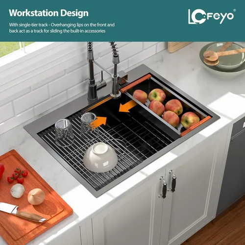 Miniatura 3 de Fregadero de cocina negro de 30"x19", estación de trabajo con revestimiento nano, acero inoxidable 304 calibre 16, hecho a mano, montaje superior