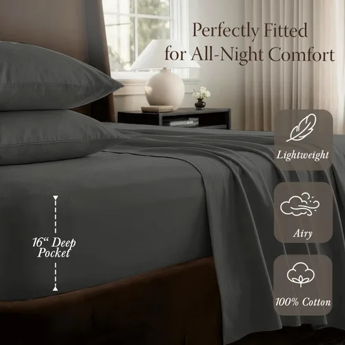 Miniatura 3 de Threadmill Home Linen juego de sábanas de 400 hilos, 100% algodón, ropa de cama de lujo, tamaño King, juego de 4 unidades, tela satinada suave Gris