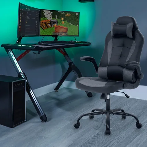 Miniatura 2 de Sillas de juegos para adultos, silla giratoria de piel sintética, ajustable, con soporte lumbar, reposabrazos abatibles, reposacabezas para adultos
